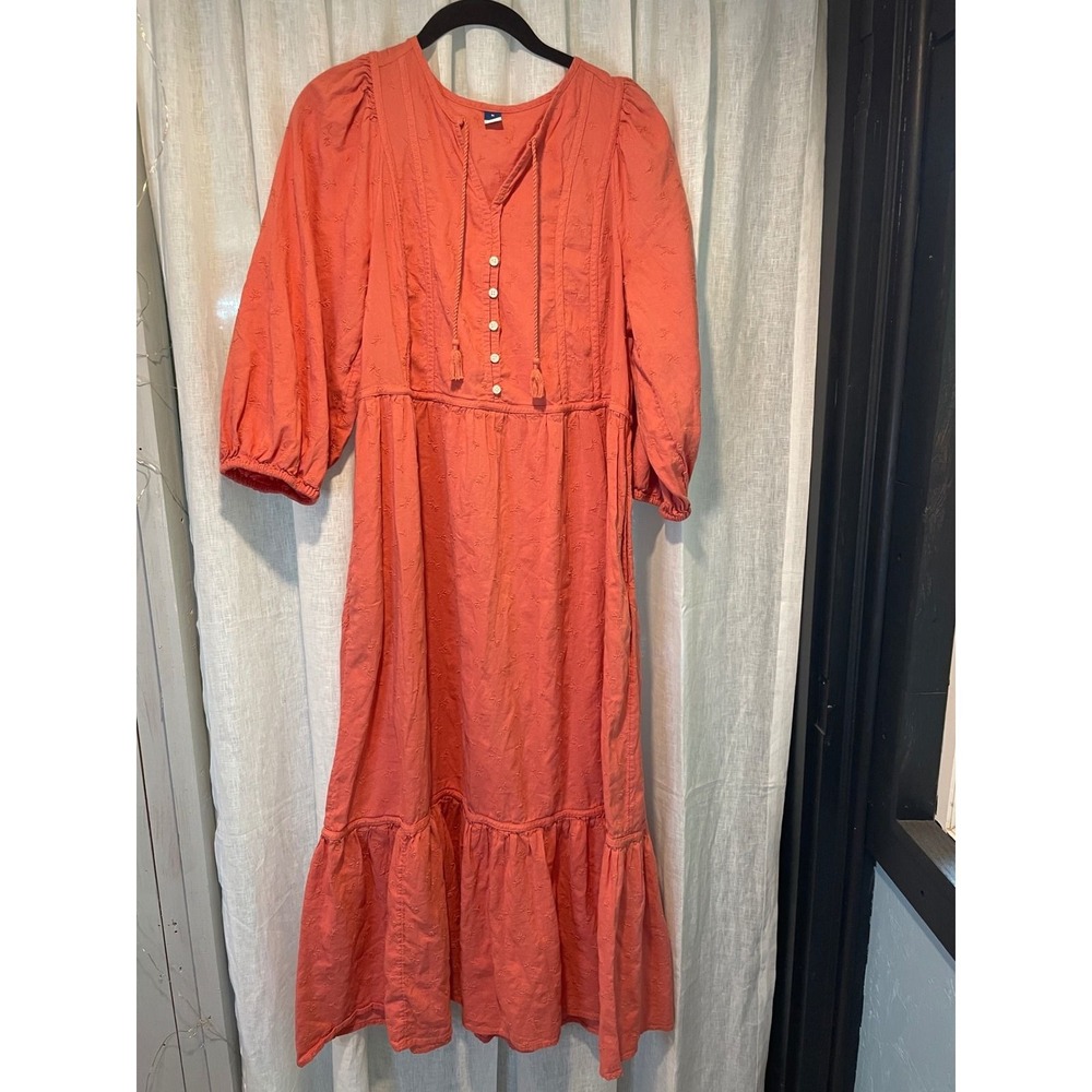 Old Navy Womens Coral Orange Embroidered Midi Dress Tassel Tie Puff Sleeve M